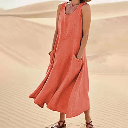 Vestido-sin-Mangas-de-algodon-y-Lino-para-Mujer-Vestidos-de-Cuello-Redondo-con-Bolsillo-de-Color-solido-de-Verano-Vestido-de-Verano-de-Playa-comodo-Elegante-y-Holgado