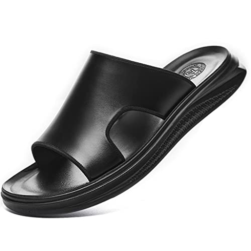YMGSCC Men Slippers Leather Whole Cut Sandals Men Soft Latex Sole Casual Beach Shoes Seam Binding(9.5)