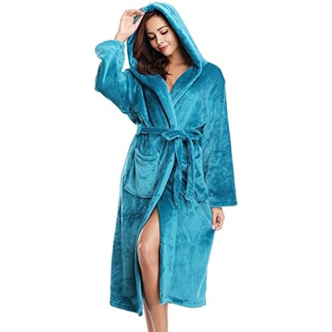 Vlazom Dressing Gown, Flannel Soft Bathrobe Cosy Robes Fluffy Winter Hooded Housecoat for Women/Men, Peacock Blue-with Hooded, 43813 Cover