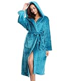 Vlazom Winter Bademantel weicher Flanell Bademantel Saunamantel Flauschiger Morgenmantel Lange Ärmel Hausmantel(XL,Pfauenblau-mit Kapuze)