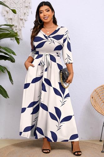 Image of Runwind Plus Size Maxi Dresses - 3 /4 Sleeve V Neck Long Dress for Women (XL-6XL)