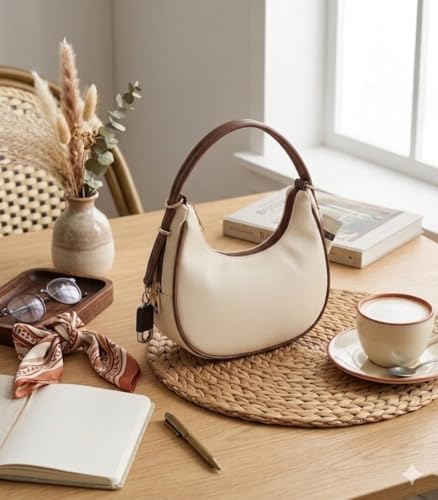 Image of Crescent Hobo Handbag for Women, Cream with Brown Trim, Adjustable Strap, Reinforced Base, 24x30x6cm