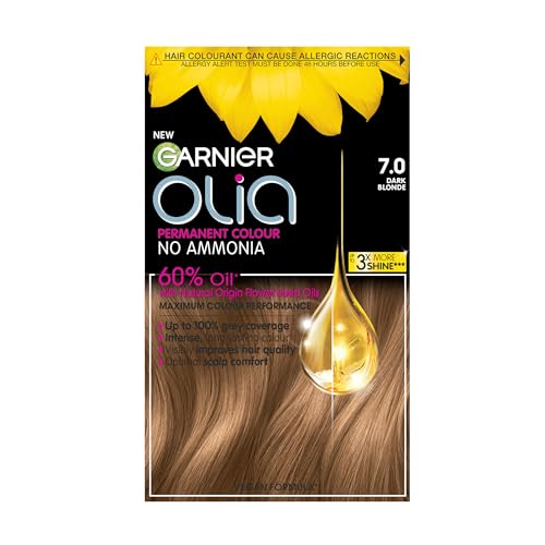 Garnier Olia 7.0 Dark Blonde oil-powered no-ammonia. 100% grey coverage. Luminous long-lasting vibrant dark blonde hair color with incredible shine and softness.