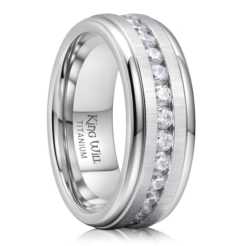 King Will 8mm Gold Titanium Ring GEM Mens Cubic Zircon Stones Flat Style Groove Wedding Ring High Polished for Women Men Beveled Polished Edge