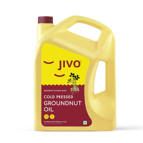 Jivo Cold-Pressed Groundnut Oil 5 Litre | Unrefined Peanut Oil | Vitamin A and D Fortified Edible Oil | Contains MUFA and PUFA | High Smoke Point | Ideal for Deep-Frying, Tempering, Sautéing, and Roasting