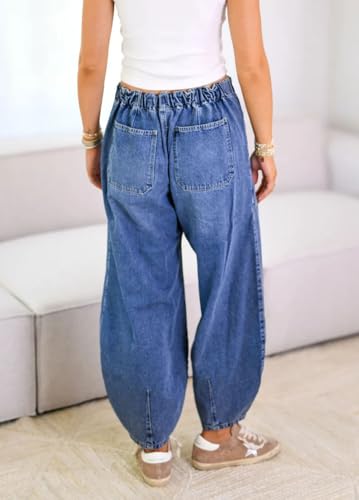 chouyatou Women Casual Barrel Jeans Elastic High Waisted Crop Wide Leg Jeans Boyfriend Harem Denim Pants2