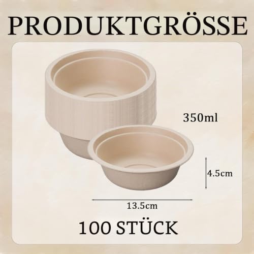 100 Stück Einweg Suppenschalen aus Zuckerrohr,Wärmespeicherung Suppenschüssel Suppenteller Einweg Zuckerrohrschalen,Starke Papierschalen für Picknick,Geburtstag,Grillen und Party (Natur, 350 ml-100)