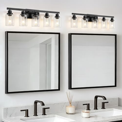 Image of 5-Light Black Bathroom Vanity Light, Modern Vanity Lighting Fixture for Bathroom, 31 inch Matte Light Fixture, Wall Sconces with Clear Glass Shade, Black Bathroom Wall Light Over Mirror