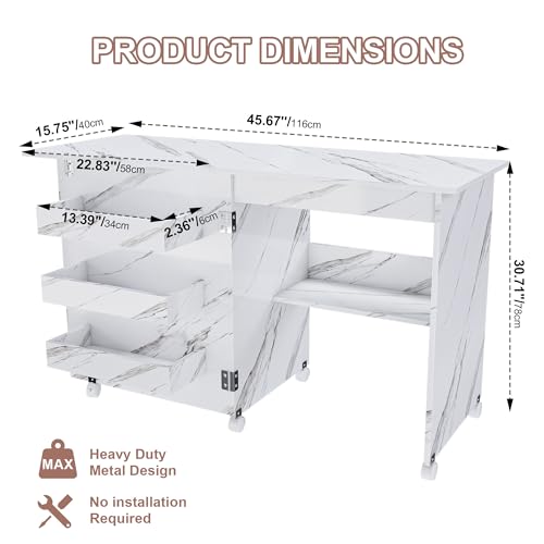 4-in-1 Folding Sewing Table with Storage, Sewing Desk Foldable with Lockable Wheels & Power Socket, Sewings Machine Cabinet & Craft Desk with Shelves, Compact Design (45 Inch)
