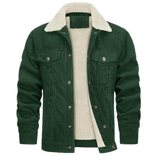 Military Jacket Men, Corduroy Bomber Fleece Jacket Mens Winter Coat Sherpa Lined Trucker Jackets Lapel Collar Combat Casual Cargo Jackets Warm Cotton Outerwear with Pockets