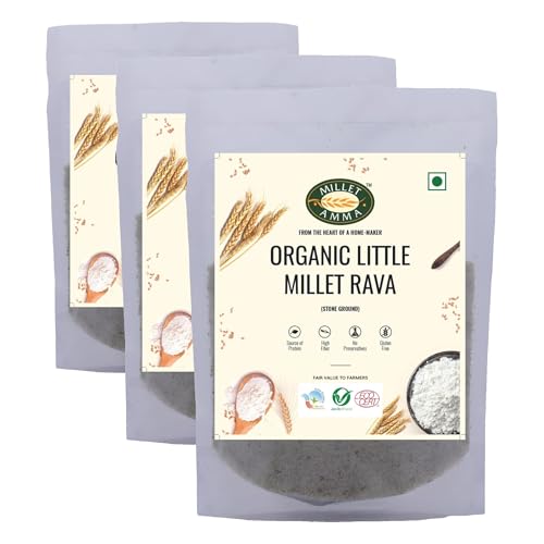 Image of Millet Amma CERTIFIED ORGANIC Little Millet Rava | 1kg (Pack of 3) | Stone Ground | Made with Unpolished Grains ( Kutki | Samai | Same | Samalu ) | Suitable for Multiple Millet Recipes | 100% Vegan & Gluten Free | Rice in Proteins