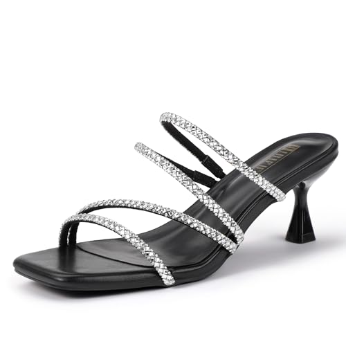 IDIFU Black Rhinestone Heels Strappy Low Kitten Square Open Toe Mule Heels Wedding Bridal Prom Party Dress Shoes for Women Comfortable Dressy Sparkly Cute Slip On Heeled Sandals (Black Pu, 85)