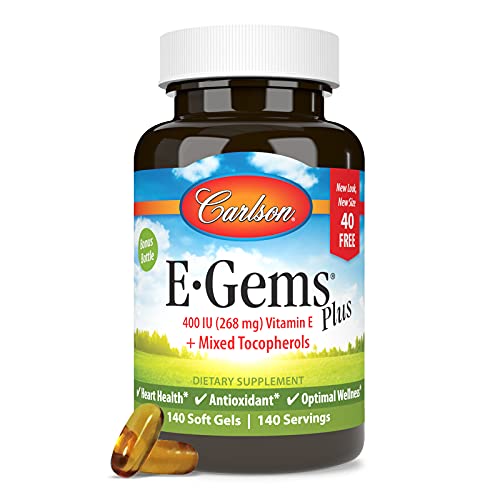Carlson - E-Gems Plus, 400 Iu (268 Mg), Natural-Source Vitamin E, Heart Health & Optimal Wellness, Antioxidant, 140 Soft Gels #TOP4