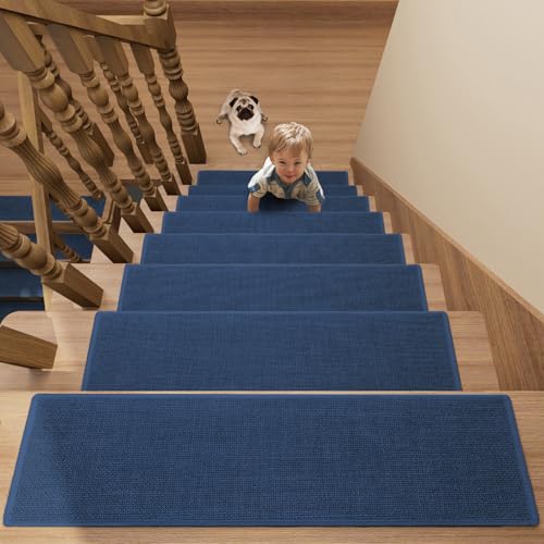 Stair Treads Carpet for Wooden Steps with Non Slip Rubber Backing, 100% Polyester Soft Stairs Resistant Indoor Skid Runner Safety Rugs for Kids Elders and Pets (15, Dark Blue, 30" * 8")