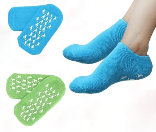 WOWDECOR Moisturizing Gel Socks for Dry Feet Cracked Heels, 2 Pairs Spa Socks Gel Lining Infused with Essential Oils and Vitamins for Softening, Soft Cotton Overnight Use (Blue, Green, 2 Pairs)