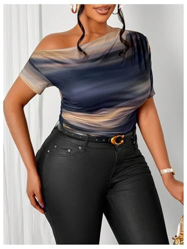 Women's Plus Size Off Shoulder Tops Tie Dye Short Sleeve Ruched T Shirt Slim Fit Elegant Tees2