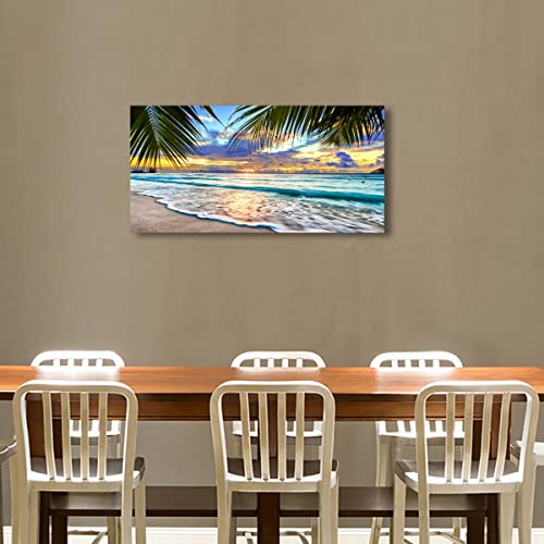 Beach Canvas Wall Art Seascape Theme Pictures Home Decor Blue Ocean White Wave Palm Tree Prints Paintings For Living Room Bathroom Bedroom Kitchen Office Decoration Natural Scenery Artwork 20X40Inches #TOP4