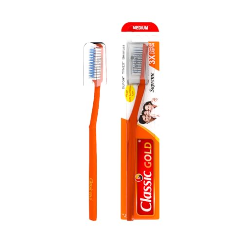Image of Classic Gold Supreme Medium Manual Toothbrush For Adults | With Dupont Tynex Bristles and Crystal Clear Anti Bacterial Cap | Pack of 12 Pieces - Multicolor