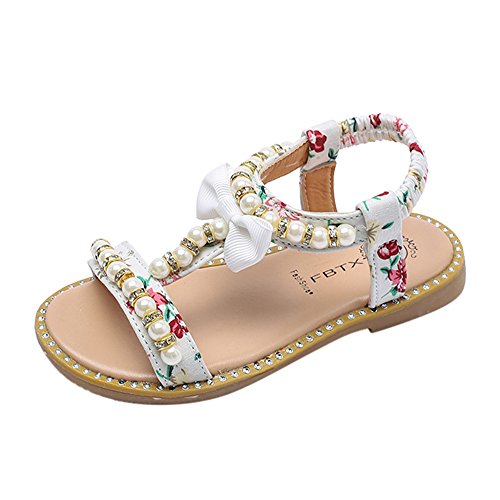 White Sandals for Girls Kids Baby Girls Sandals Bowknot Pearl Crystal Roman Sandals Princess Shoes (White, 21)