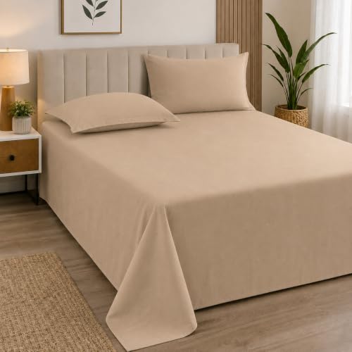 Image of Cortina Cloud Cotton King Size Bedsheet with 2 Pillow Covers | Super Soft, Breathable & Skin-Friendly Bedsheet for Double Bed King Size with Solid Design | (270x250 cm) (Beige, King)