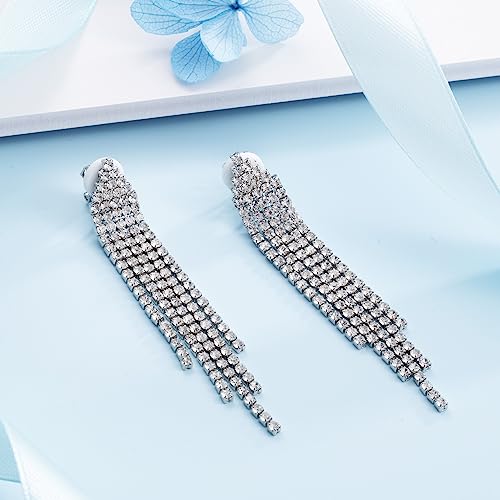 SELOVO Chandelier Tassel Dangle Linear Drop Earrings Party Jewelry Clear Austrian Crystal (3inch -Clip On-Clear)2