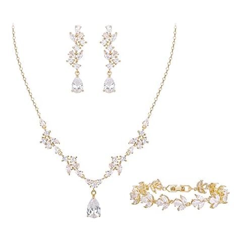 Tuliper Bridal CZ Dangle Drop Earring Tennis Bracelet Necklace Sets for Woman, Wedding Waterdrop Marquise Gold Plated Jewelry Gift for Bride Bridesmaid Cover