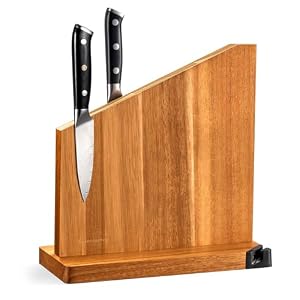 Gourmetop Knife Block Without Knives, Magnetic Knife Holder with Sharpener, Magnetic Knife Block with Sharpener, 100% Acacia Wood Magnetic Knife Holder, Double-Sided Magnetic Knife Block, Light Wood