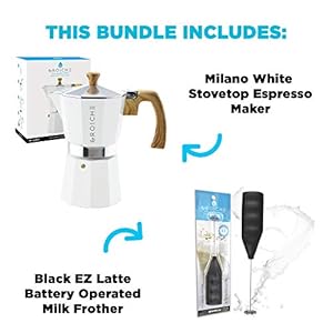 GROSCHE Milano Stove top espresso maker 3 espresso cup size 5 oz White and battery operated milk frother bundle for lattes