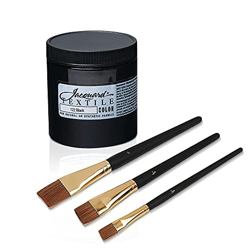 Positive Art Jacquard Fabric Paint Black 8 Oz For Clothes, Permanent All-Surface Paint For Jeans, T-Shirts, Shoes, Canvas, Leather, Wood, And More 3 Brushes Set #TOP4