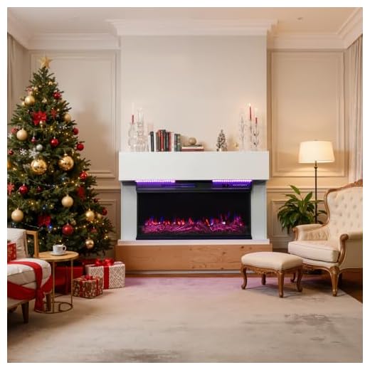 HOMAVO 36" Chimenea Eléctrica con Calefacción, 1000W/2000W Chimenea Decorativa, 12 Colores de Llama 3D, Control Remoto, Incluido Mueble Chimenea, con Tira de LED