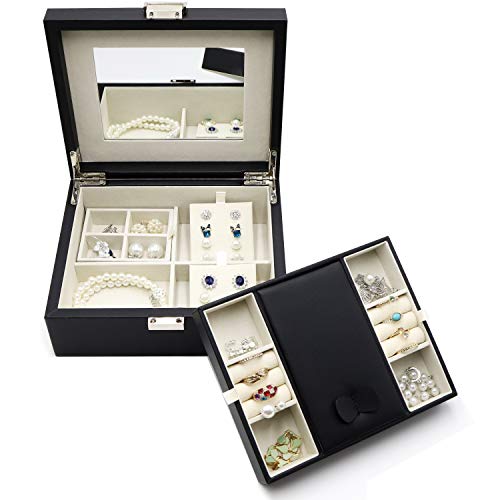 ProCase Jewelry Box for Women Girls Ladies Christmas Valentine's Day Gift, Deluxe Two Layers Jewelry Display Organizer Storage Holder Case with Mirror for Necklace Earrings Bracelets Rings Black