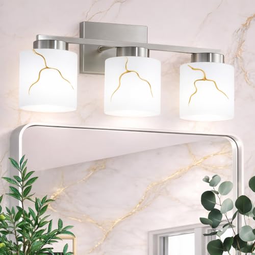 Sheenkarion 3-Light Brushed Nickel Bathroom Light Fixture, Modern Bathroom Vanity Light Over Mirror with White Marble Glass Shade, Wall Mounted Sconces Lighting for Bedroom Cabinet Kitchen Living Room