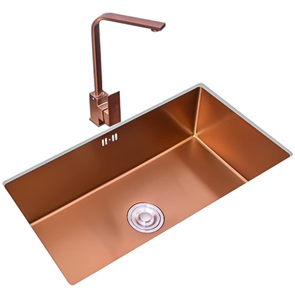 WIQUYBML Rose Golden ​Kitchen Bar Sinks, With Faucet Single Bowl ​Prep Sink, Brushed Stainless Steel, Drop-In Or Undermount Installation, Easy To Clean (Color : Golden~B, Size 60x40cm)