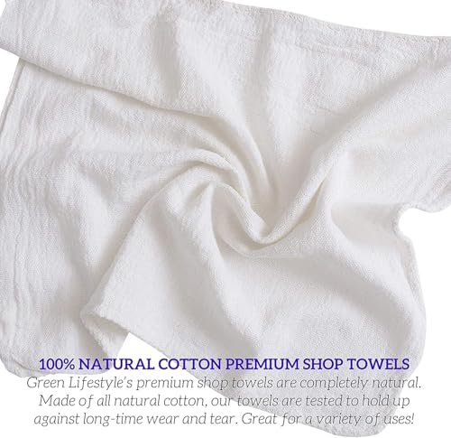 Image of GREEN LIFESTYLE Shop Towels 12 inch x 14 inch 100 Pack - White Cotton Shop Towels, Cleaning Rags Bulk, Reusable Shop Rags, Absorbent Terry Cloth Cleaning Towels for Garage, Automotive, Industrial and Home Use