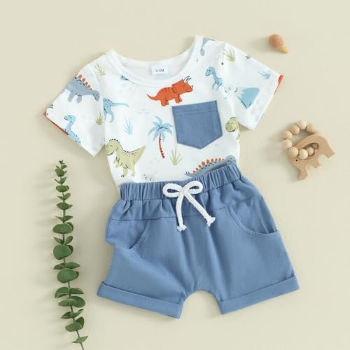 FYBITBO Summer Baby Boy Clothes Newborn Toddler Dinosaur Outfits Cute Short Sleeve T-shirt Casual Infant Boy Shorts Sets (Blue-Toddler Dinosaur Shorts Set, 6-12 Months) - Thumbnail 2