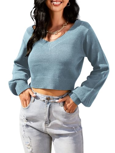 Image of ZAFUL Women's Cropped Sweater V-Neck Long Sleeve Pullover Jumper Knit Top | Crop Length, Ribbed Knit, Double V design, White sweater, Raglan sleeves, lantern sleeve, Fall & Winter, Loose fit, Oversized