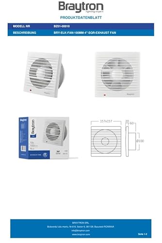 Braytron Badlüfter Wandlüfter WC Küche Ventilator Lüfter Ø100 mm | Leise 34dB | Leistungsstark 100 m³/h | Energieeffizient 12W | Abluftventilator für Badezimmer, Toiletten, Küchen und Wohnräume