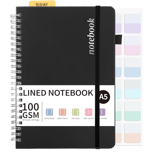 Thboxes A5 Notebook, 80 Sheets A5 Lined Wirebound Spiral Notepad, 100GSM College Ruled Notebook with 24 Labels for Women Men Office School,15 X 21.5 cm, Black