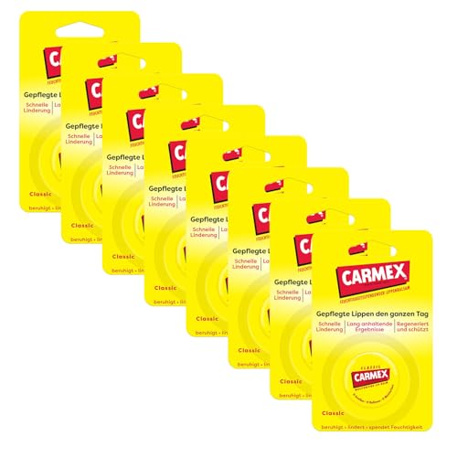 Carmex Classic Tiegel - Lippenpflege für trockene Lippen, Lippenbalsam feuchtigkeitsspendend und beruhigend für rissige Lippen, mit Vaseline, Vitamin E und Bienenwachs - (8 x 7,5 g)