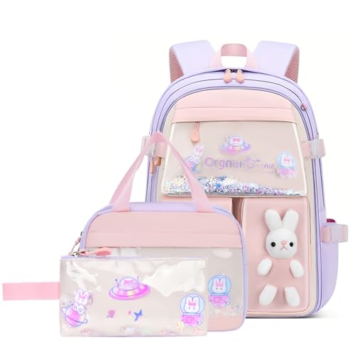 VIDOSCLA Bunny Backpack for Girls Kawaii Girls Backpack for School Kids Bookbag, A1# 3pcs Purple-kawaii Rabbite, Large-Kawaii Quicksand Bunny