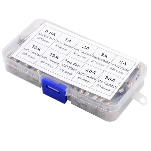 HAOKETAI 72PCS 6X30MM Glass Fuse 0.5A 1A 2A 3A 5A 10A 15A 20A 30A 6x30mm Fuse Sample Box with Holder