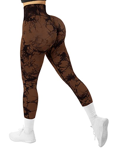 Suuksess Women Crossover Seamless Leggings Butt Lifting High Waisted Workout Yoga Pants (Tie Dye Brown, L) #TOP4