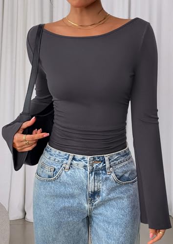 Image of PRETTYGARDEN Women Long Sleeve Shirt 2025 Crop Casual Boat Neck Bell Sleeve Ribbed Ruched Y2K Clothing