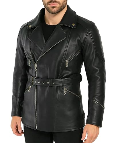 UGFashions Black Leather Trench Coat Men Mid Length