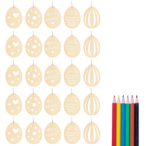 VONJUMA 25 Pezzi Ornamenti Pasquali Da Appendere In Legno Non Finiti Uova Artigianato Pasquale Per Bambini Decorazioni Pasquali Fai Da Te Forniture Per Feste Decorazioni Con 6 Matite Colorate