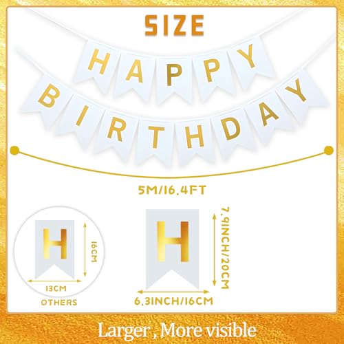 Image of White Happy Birthday Banner With Shiny Gold Letters- 16 ft Pre-Strung Gold & White Birthday Party Decorations Sign for Girls, Boys, Kids, Women - No DIY Hanging Backdrop for Indoor & Outdoor Celebrations