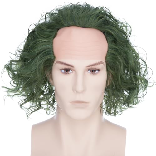 PARXITN Parrucca da uomo sintetica corta calva parrucca per cosplay joker verde scuro soffice mais riccio Halloween Fancy Dress parrucche per unisex