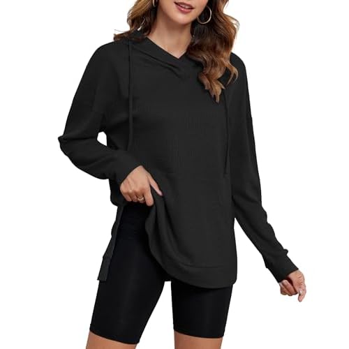 WNEEDU Waffle Hoodies for Women Side Slits Loose Pullover Tops with Pockets Stacked Collar Long Sleeve Shirt Tops 2024