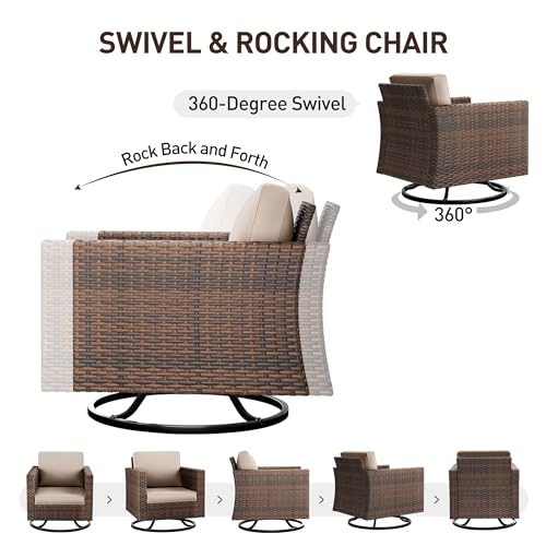 Image of UDPATIO 5 Pieces Patio Furniture Set with Fire Pit Table, Outdoor Conversation Set with Rocking Swivel Chairs, Wicker Furniture Set with Waterproof Cover, 4'' Thickened Cushion, Khaki