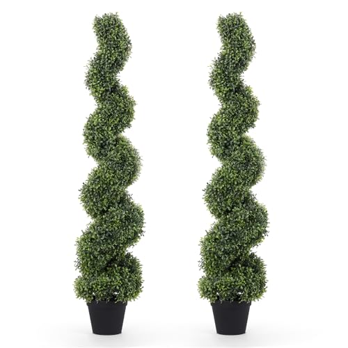THE BLOOM TIMES 4ft Spiral Topiary Trees Artificial Outdoor Set of 2, 48" Faux Boxwood Plants Outside - All-Year Green Fake Twisted Tree for Garden Front Porch Planter Decor 4 Foot